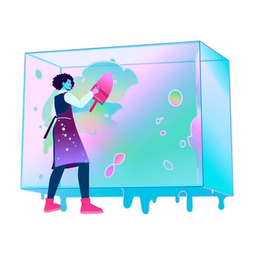A painter creating art on the surface of a large 3D box