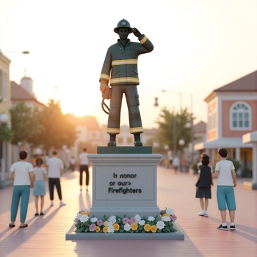 A statue of a firefighter in the town square, standing tall and proud. The firefighter is depicted wearing a traditional turnout gear, complete with a helmet and boots. One hand is raised in a salute, while the other hand holds a fire hose coiled at the side. The statue is mounted on a sturdy stone pedestal, engraved with the words "In Honor of Our Brave Firefighters." Surrounding the statue, there are flowers laid at the base, and people in the background are observing the statue, some taking pictures. The setting sun casts a warm glow over the scene, enhancing the sense of reverence.