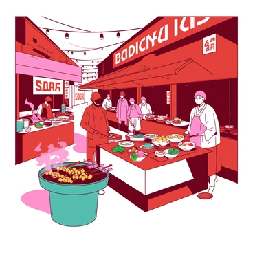 A red street food market bustling with activity, featuring multiple vendors offering a variety of international cuisines. Each vendor's stall is adorned with colorful signage displaying their menu items in bold letters. In the foreground, a teal vendor is grilling skewers of marinated chicken, emitting fragrant smoke. Nearby, a white stall displays a selection of fresh sushi rolls, with an attentive customer examining the offerings. Further down the market, a pink vendor prepares steaming bowls of pho, with vibrant herbs and lime slices arranged artfully beside them. The atmosphere is lively, with people enjoying their meals at small tables surrounded by a backdrop of string lights.