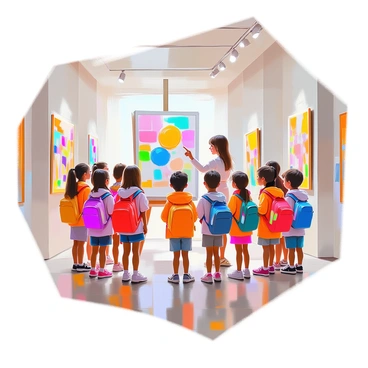 A school group consisting of several children with diverse appearances is gathered in a spacious museum hallway filled with various colorful illustration artworks. The teacher, an adult with medium skin and short hair, is standing at the front of the group, pointing towards a large, vibrant painting on the wall. The children are attentively looking at the artwork, some holding notebooks and pencils, ready to take notes. The gallery features various framed illustrations, showcasing a variety of styles and themes, hung at eye level. Sunlight filters in through large windows, illuminating the space.