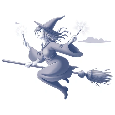 A witch with wild, unkempt hair is flying on a broomstick. She is wearing a flowing robe that billows in the wind, accentuating her dynamic movement. In her right hand, she holds a wand, which emits magical sparkles as she casts spells. The broomstick has a rustic appearance, with worn bristles and a sturdy wooden handle. The witch's expression is focused and determined as she maneuvers through the air. The background features a silhouette of a crescent moon and scattered clouds, creating an enchanting atmosphere.