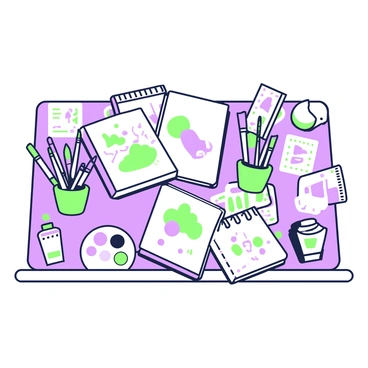 A cluttered table is filled with various art supplies. In the center, there are several open sketchbooks displaying colorful sketches. Surrounding them, a variety of paint tubes are scattered, some standing upright and others tipped over. Multiple brushes of different sizes lie haphazardly across the table, with some resting in a small green cup. A palette with mixed paints is placed to one side, and a few loose sheets of paper showing unfinished drawings are spread out. In the corner of the table, there is a small jar filled with water, where some brushes are soaking.