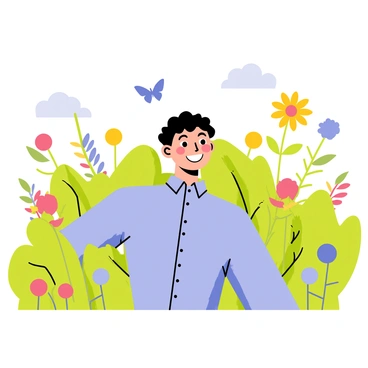 A person with a curly fringe and short hair is standing in a vibrant garden filled with colorful flowers. The individual is wearing a light blue shirt and has a cheerful expression while smiling. Behind them, there are green bushes and tall sunflowers, creating a lively and warm atmosphere. A few butterflies are fluttering around, adding to the charm of the scene. The sky is clear with a few fluffy clouds drifting by.