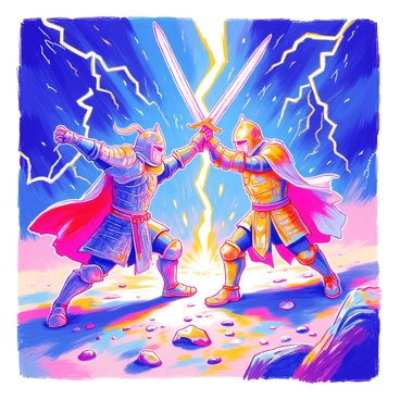 Two warriors are engaged in a fierce duel, clashing their swords with great intensity. One warrior is dressed in dark, intricately designed armor, and the other wears bright, shining armor that reflects the lightning around them. Their swords are raised high, creating a dynamic scene as the blades meet with a powerful spark. Surrounding them, numerous bolts of lightning strike the ground, illuminating the sky and casting dramatic shadows on the warriors. The ground beneath them is rugged and uneven, adding to the sense of conflict in this intense moment.