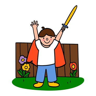 A young child with light skin and brown hair is standing confidently in a backyard. The child is wearing a bright red cape and a white t-shirt, holding a wooden sword high above their head. The background features green grass and a wooden fence, with colorful flowers blooming nearby. The child has a determined expression on their face, embodying the spirit of a hero as they play in the sunshine.