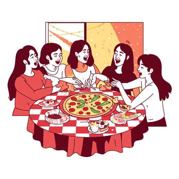 A group of friends is gathered around a large round table covered with a red and white checkered tablecloth at a lively party. They are laughing and chatting energetically as they share a large pizza topped with various ingredients including pepperoni, green peppers, and mushrooms. Each friend has their hands reaching towards the pizza, eagerly grabbing slices, while plates filled with colorful side dishes and drinks are scattered around the table. In the background, there are festive decorations and warm lighting that enhances the cheerful atmosphere of the gathering.