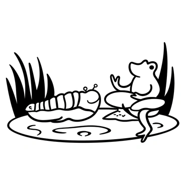A caterpillar with segmented green body segments is sitting on a leaf, positioned near the edge of a pond. It has small, delicate antennae and intricate details on its body. Next to it, a friendly frog with smooth skin and long limbs is perched on a lily pad, listening intently. The frog's posture is relaxed, indicating its engagement with the caterpillar. Surrounding them are tall grasses and reeds, creating a natural setting. In the background, there are rippling water reflections creating gentle waves on the pond's surface.