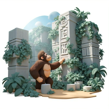 A large gorilla, resembling Donkey Kong, is standing in front of ancient ruins. The ruins are weathered stone structures, partially collapsed, with intricate carvings visible on the walls. Green vines and thick moss cover the surfaces, creating a lush, overgrown appearance. Sunlight filters through the trees above, casting dappled light onto the scene. Donkey Kong is looking up in awe, with a curious expression, as he examines a large stone pillar adorned with mysterious symbols. Surrounding the ruins are dense jungle foliage and tropical plants, adding to the sense of exploration and discovery.