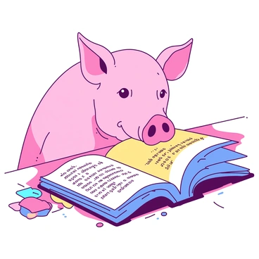 A pink pig face is peering down at an open blue book resting on a wooden table. The pig has large, expressive eyes and a thoughtful expression, with its ears perked up as if it is deeply engaged in the reading. The book pages are slightly curled, and there is a soft yellow glow illuminating the text from a nearby lamp. Scattered around the table are small, colorful bookmarks that hint at various stories within the book.