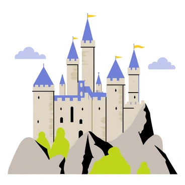 A majestic castle perched on a mountain with numerous tall turrets and pointed spires. The castle is made of grey stones with intricate carvings on the walls. There are bright flags fluttering atop each turret. Below the castle, the mountain is covered with green trees and rocky outcrops. A clear blue sky with fluffy white clouds is visible in the background, enhancing the grandeur of the scene.