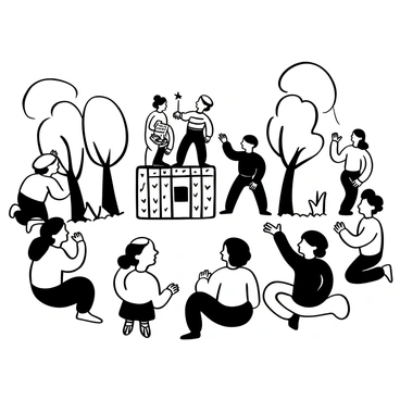 A group of children sitting on a grassy area, focused on a small puppet stage in front of them. The puppet stage is decorated with bright patterns and designs. Several colorful puppets are animatedly performing, with one puppet holding a sign that says "Kindness" while another puppet gestures towards a heart symbol. The children are engaged, with their bodies leaning forward, eagerly watching the performance. Some children are clapping, while others are pointing at the puppets. In the background, trees provide a natural setting for the scene.