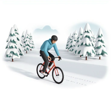 A cyclist, wearing a blue winter jacket, black pants, and a black helmet, is riding a sleek red road bike. The cyclist is pedaling energetically along a snowy path, leaving tire tracks in the fresh snow. Snow-covered trees, their branches heavy with white snow, line both sides of the road, creating a picturesque winter scene. The ground is blanketed with a thick layer of snow, reflecting soft light from a cloudy sky.