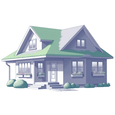 A house with a gabled roof that is covered in green vegetation. The roof has a rainwater collection system integrated, featuring pipes that lead down to a storage tank. The structure of the home is made of wood and has large windows that allow ample natural light. There are flower boxes under the windows filled with a variety of plants. A small porch area with steps leads to the main entrance, which is adorned with a welcoming door. Surrounding the house are well-maintained shrubs and a pathway made of stones.