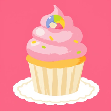 A cute cupcake with fluffy pink frosting swirled on top. The frosting is adorned with a small, colorful Pokeball, resting in the center. The cupcake itself has a light golden-brown base, and colorful sprinkles are scattered around the frosting. The cupcake sits on a small, white plate with a delicate lace design along the edge. A shiny cherry red backdrop complements the vibrant colors of the cupcake and the Pokeball decoration.