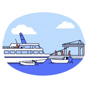 A large ferry with a white hull and blue accents approaches a terminal. The ferry has multiple decks and large windows, with passengers visible inside. Crew members wearing orange safety vests are positioned on the deck, preparing to secure ropes for docking. The terminal structure is made of concrete and features an overhead canopy. There are small boats moored nearby in the water. The scene captures a clear day with a blue sky and a few fluffy white clouds.