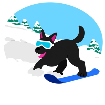 A black dog wearing bright blue goggles is energetically snowboarding down a snowy hill. The dog has its ears flapping in the wind, showcasing its joy and thrill. The snow is crisp and powdery, flying up behind the dog as it carves its way down the slope. In the background, there are pine trees covered in snow, and the sky is a clear blue, creating a vibrant atmosphere. The dog's tongue is out, and its tail is wagging, adding to the sense of adventure.