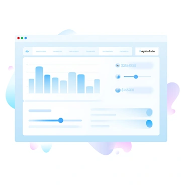 A user interface displaying a professional financial overview. Several clear charts are present, including a bar chart showing monthly expenses and a line graph illustrating income trends over time. Budgeting tools are integrated into the interface, consisting of sliders for adjusting budget categories and input fields for entering amounts. The background is composed of soft gradient pastel colors, contributing to a clean and organized appearance. Each element is neatly arranged, allowing for easy navigation and analysis.