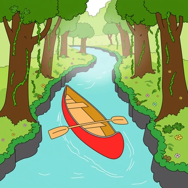 A bright red canoe gliding smoothly down a narrow river with turquoise water. The canoe has two paddles resting on its sides, hinting at its recent use. Surrounding the river are towering green trees with thick trunks and broad leaves, creating a lush canopy overhead. Strands of vibrant green vines drape down from the branches, almost touching the water's surface. The riverbanks are dotted with small colorful flowers and ferns, adding bursts of color to the verdant landscape. Sunlight filters through the leaves, creating dappled light patterns on the water.