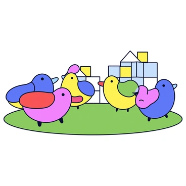 A toyland scene featuring several hoppers in different shapes and sizes. Each hopper is crafted from various colorful materials, including smooth polished wood and soft fabric in bright hues like red, blue, yellow, and green. The hoppers are arranged playfully on a grassy surface, with some standing upright while others lean slightly to the side. In the background, there are small toy buildings made of blocks, adding to the playful atmosphere of the scene.