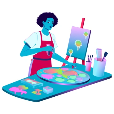 An artist mixing paint colors that clash together in a palette, creating an amusing mess.