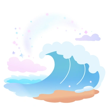 A large sea wave is crashing onto a sandy beach, its frothy crest glistening as it breaks. The water shifts in color from deep blue at the base to lighter shades near the top. As the wave reaches its pinnacle, it begins to transform into a cascade of shimmering stardust, scattering sparkles of white and soft pastel hues into the air. The stardust sparkles like tiny stars, drifting upward and blending with the sky above, which is painted in gradient pastel colors transitioning from soft pink to gentle lavender. The horizon is visible in the distance, where the ocean meets the sky.
