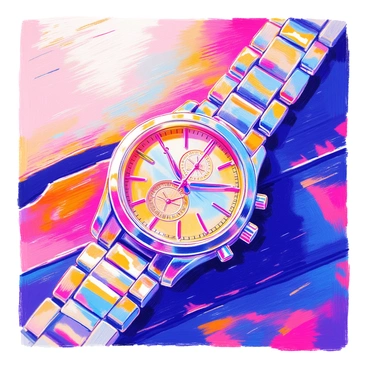A luxury watch with a silver stainless steel band and a round face is resting on a polished wooden table. The watch features intricate detailing on its dial, with a combination of Roman numerals and elegant hands. Sunlight reflects off the watch's surface, creating sparkles and highlights. The wooden table has a rich, dark finish, and its smooth texture contrasts with the smooth metallic surface of the watch. The scene is composed to emphasize the watch as the focal point against the warm tones of the wood.