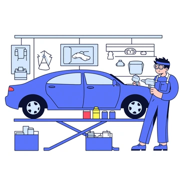 An auto body shop with a mechanic wearing a blue jumpsuit and protective goggles. The mechanic is standing beside a car that is positioned on a raised platform. The car has a shiny surface and is partially covered with masking tape. The mechanic is holding a spray gun and is applying a fresh coat of blue paint, which is vibrant and glossy. Nearby, there are paint cans and tools organized on a workbench. The walls of the shop are decorated with various automotive posters and tools hanging neatly on racks.