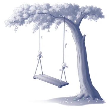 A wooden swing is hanging from a thick tree branch. The swing has a simple, sturdy design, with ropes attached to either end securely fastening it to the branch. Delicate flowers are intertwined with the ropes, creating a natural decor, with petals cascading down gently around the swing. The tree's bark has a rough texture, and its leaves are dense, providing shade over the swing. The ground beneath the swing is covered in grass with occasional small patches of flowers.