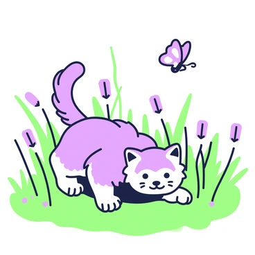 A fluffy cat with soft fur is playfully chasing a butterfly among the blades of grass. The cat is crouched low, with its tail raised and ears perked up, focused intently on the butterfly, which is fluttering above. The grass is lush and vibrant, with strands bending slightly as the cat moves through it. In the background, a few wildflowers add to the natural setting, while the sunlight casts gentle shadows on the ground.