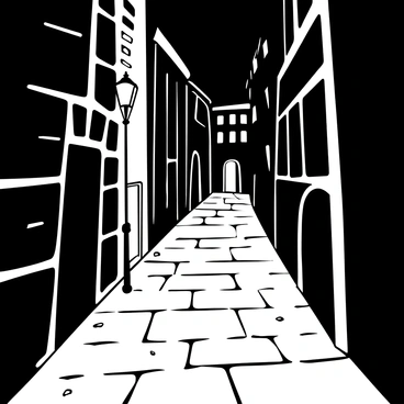 A narrow cobblestone alley with uneven stones underfoot, stretching into the distance. The alley is flanked by tall, weathered brick buildings, their outlines sharp against the night sky. A single streetlamp stands at the entrance, casting a soft, flickering light that creates long shadows along the cobblestones. The ground is slightly wet, reflecting the light from the streetlamp in patches. Small, scattered pieces of litter are visible on the ground, adding to the atmosphere of the scene.