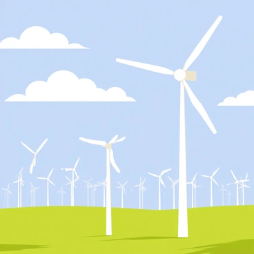 A wide field filled with tall, white wind turbines with large, curved blades. The turbines are positioned in neat rows, turning gently in the breeze. Above them, a bright blue sky is dotted with fluffy white clouds, creating a vibrant contrast. The grass in the field is a rich green, swaying slightly in the wind. The scene conveys a sense of renewable energy and open space.