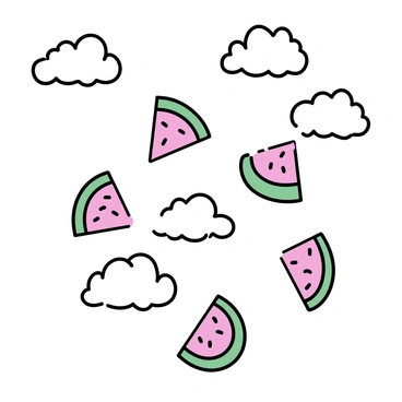 A collection of watermelon slices, with vibrant green rinds and juicy red flesh, is floating in a bright sky. The sky is adorned with fluffy white clouds, each cloud varying in shape and size. The watermelon slices appear to drift gracefully among the clouds, creating a whimsical scene.
