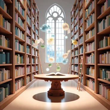 A vast library with tall, wooden bookshelves lined with countless books. The books are floating mid-air, some open and pages turning gently, revealing colorful illustrations. Magical scrolls are suspended in the air, swirling gracefully, with glowing symbols that illuminate the surroundings. Soft light filters through large stained-glass windows, casting vibrant colors on the polished wooden floor. In the background, there are ornate wooden ladders leaning against the shelves, and a grand, intricately carved reading table at the center, inviting readers to sit and explore the enchanting surroundings.