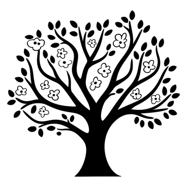 A black-and-white illustration of a large apple tree with numerous branches arching outward. The branches are laden with blooming apple blossoms. Some blossoms are clustered closely together, while others are scattered among the foliage. In the background, the outline of a bright sky can be seen through the gaps between the branches, creating a sense of depth and openness.