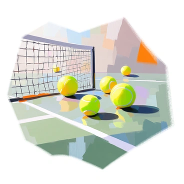 A tennis court featuring five tennis balls scattered across its surface. The court lines are clearly marked in bright white, contrasting with the vibrant green of the court. The tennis balls are positioned in various locations: one near the net, two closer to the baseline, one by the doubles sideline, and the last near the center court. The sunlight casts soft shadows of the tennis balls onto the court, highlighting their distinctive yellow color. The net stands tall in the middle, dividing the court into two halves.