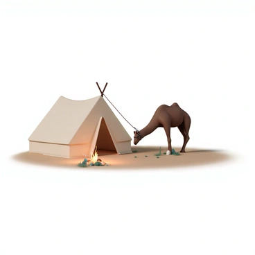 A brown camel is tied to a sturdy post near a traditional nomadic tent, which is made of fabric and has a rounded top. The tent is situated on the sandy ground, surrounded by sparse vegetation. A glowing campfire is crackling nearby, with a few stones arranged in a circle around it. The camel stands calmly, its head lowered as it grazes on some grass. The scene is illuminated by the warm light of the fire, casting soft shadows on the ground.