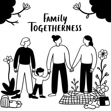 A family gathering in a garden with various plants and flowers. In the center, a man with dark hair stands alongside two adults and two children, all facing forward. They are arranged in a semi-circle, with the man wearing a simple shirt. The adults are holding hands with the children, who are standing between them. Sunlight filters through the trees, casting shadows on the ground, and there are garden tools and picnic items scattered on a checkered blanket nearby. The words "Family Togetherness" are prominently displayed above them.