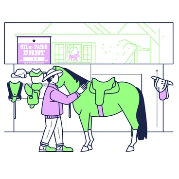 A cowboy is standing next to his horse in a spacious barn. He is focused on saddling the horse, which has a shiny coat and a calm demeanor. The cowboy is wearing a wide-brimmed hat, a button-up shirt, and durable jeans. His hands are skillfully adjusting the saddle straps, ensuring a secure fit. Nearby, there is a saddle rack with a few additional saddles and bridles hanging. The barn has wooden beams and a few soft rays of sunlight filtering through the gaps, highlighting the dust particles in the air. In the background, a rodeo poster is displayed on the wall, showcasing the upcoming competition.