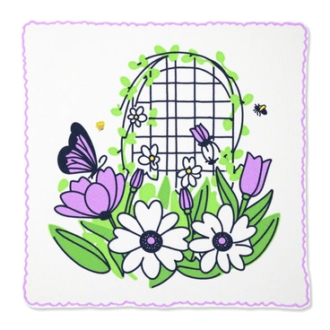 A garden scene is embroidered on a piece of linen fabric. In the foreground, there are various flowers, including roses, daisies, and tulips, with detailed petals and leaves. A butterfly is perched on one of the flowers, its wings open wide. In the background, there is a small trellis covered in climbing vines. A few bees are buzzing around the blossoms, adding a sense of life to the scene. The fabric is neatly bordered, giving it a finished look.