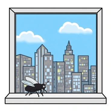 A small black fly with delicate, transparent wings is hovering just outside a clear window. The fly is positioned in the foreground, with its tiny body details visible, including its six legs and large eyes. Behind the fly, a vibrant cityscape unfolds, showcasing tall buildings of various shapes and sizes, some with glass facades reflecting sunlight. The sky is bright blue with a few fluffy white clouds scattered across it, adding a sense of depth to the scene. The window frame is a simple white, providing contrast to the busy urban background.