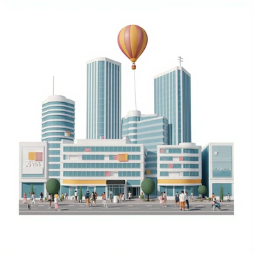 A colorful gas balloon, with bright red and yellow stripes, is drifting gently in the sky above a bustling modern cityscape. The balloon is tethered by a thin string that sways lightly in the breeze. Below, a busy street is filled with people walking, some carrying shopping bags, while others chat on their phones. Tall skyscrapers with reflective glass windows loom in the background, while small trees and benches line the sidewalks. Vibrant billboards and signs add splashes of color to the urban environment, creating a lively atmosphere.
