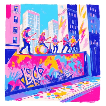 A vibrant street mural features the band "Metallica" portrayed in an energetic urban environment. The mural showcases band members passionately playing their instruments on an elevated platform, surrounded by swirling abstract designs that represent the intensity of their music. Skyscrapers in the background are adorned with musical notes and lightning bolts, enhancing the dynamic atmosphere. Bright colors dominate the scene, with splashes of red, blue, and yellow. The ground below is covered in graffiti art that complements the mural, creating a lively street scene.