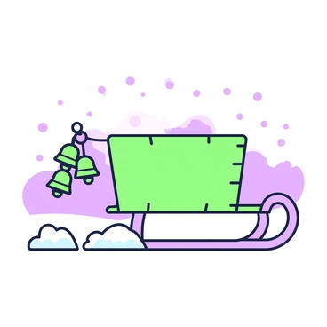 A wooden sled is positioned on a snowy surface. The sled features curved runners and a smooth wooden body. Tied to the front of the sled are several jingle bells that hang loosely, glimmering against the wooden texture. The bells are arranged in a small cluster, and as the sled rests, they appear ready to create sound with movement. In the background, gentle snow drifts are visible, enhancing the wintery scene.