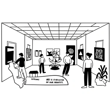 A spacious contemporary art gallery with high ceilings and large windows allowing natural light to flood in. The walls are adorned with various modern Malaysian artworks, showcasing intricate patterns and bold designs. In the center of the gallery, several abstract sculptures made from a variety of materials, including metal and wood, are strategically placed, drawing attention to their unique forms. Visitors are seen observing the artworks, and a guide stands beside a sculpture, explaining its significance to a small group. "Art is a reflection of our identity" is prominently displayed on a sign near the entrance.