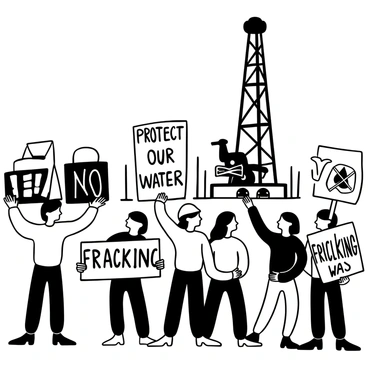 A group of protesters with varied clothing stands in front of a drilling area. They are holding signs with slogans against fracking, displaying phrases such as "Protect Our Water" and "No Fracking Way." Some signs include simple graphics of water droplets or a crossed-out oil rig symbol. The landscape behind them features the drilling equipment, with tall pipes and machinery visible. The atmosphere is filled with tension as the protesters stand resolutely, with their signs prominently displayed.