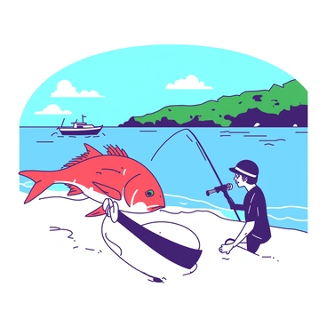 A scenic view features a tranquil shoreline with gentle waves lapping at the sand. In the foreground, a fisherman is carefully holding a shiny red snapper above the water, preparing to release it back. The water is clear and reflects the sunlight, creating a vibrant contrast. In the background, a small boat is anchored, and a lush green coastline stretches out, indicating a commitment to sustainable fishing practices. The sky is a bright blue, adding to the uplifting atmosphere of the scene.