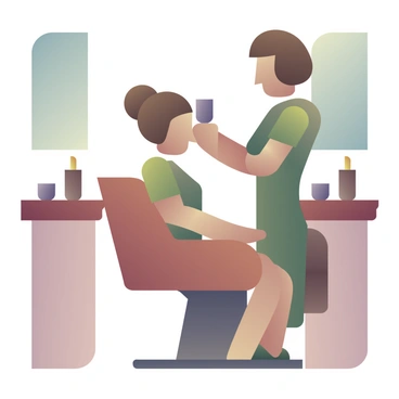 A vintage woman sitting in a beauty salon chair with a stylist using rollers in her hair, surrounded by retro beauty supplies and mirrors.