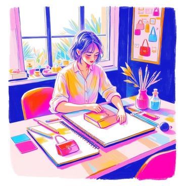 A designer is seated at a large wooden table in a bright studio filled with natural light. She has short hair tied back and is wearing a stylish blouse. The notepad in front of her is open, showcasing intricate sketches of elegant bag designs with various shapes and details. Color swatches and fabric samples are spread out around her, along with a set of colored pencils. The walls of the studio are lined with fashion inspiration boards, and a large window offers a view of greenery outside.