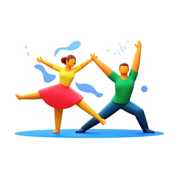 Dancers in motion, showcasing dynamic postures and expressions. The dancers are wearing colorful outfits that reflect their movements. One dancer leaps into the air, arms extended gracefully, while another performs a fluid spin on the ground. A backdrop of abstract shapes and lines accentuates the sense of energy and movement in the scene.