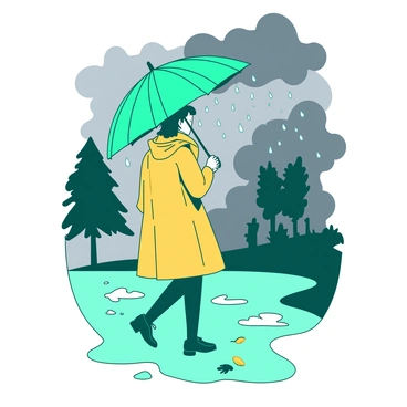 A teal umbrella is open, protecting a person in a yellow raincoat from falling rain. The rain is depicted as numerous droplets cascading down in a diagonal pattern. The background features a gray sky filled with dark clouds, enhancing the typical English weather theme. Puddles form on the ground, reflecting the colors of the scene, and a few leaves from nearby trees are scattered on the wet surface. The overall composition captures a vibrant yet gloomy atmosphere of an English rainy day.